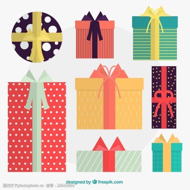 彩色的礼盒神奇的圣诞礼物带五颜六色的丝带
