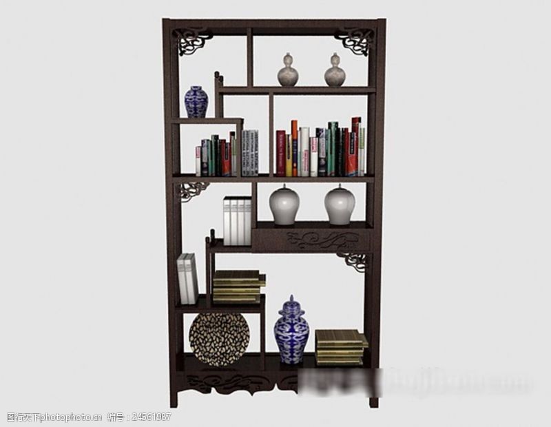 复古家具中式木质书柜3d模型下载