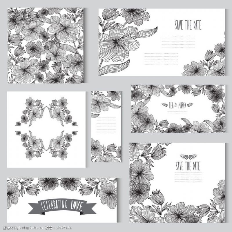邀请函素材下载黑白植物花朵婚礼卡片模板下载