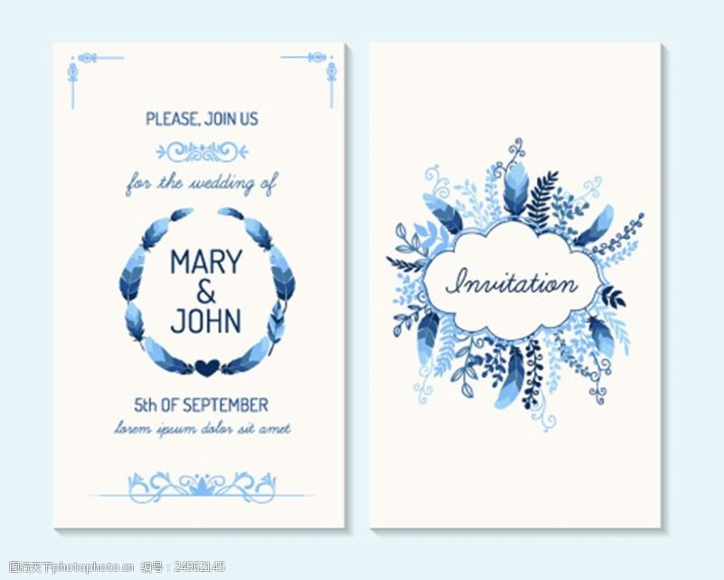 花卉名片蓝色植物花朵婚礼贺卡模板下载