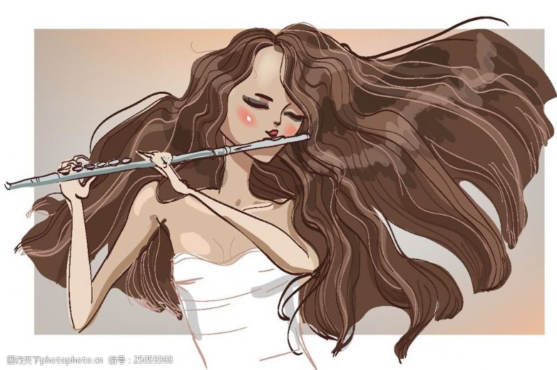 矢量女性吹笛子的卡通美女插画
