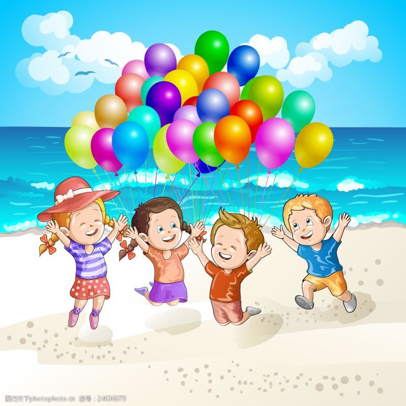 亲子儿童海滩玩气球的孩子矢量素材