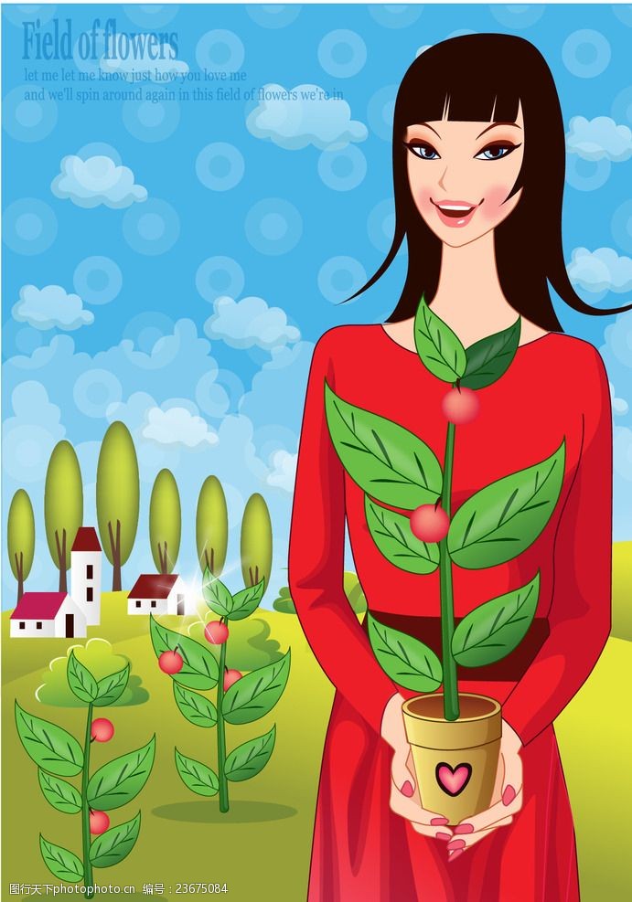 手树苗种植盆栽的矢量卡通女人