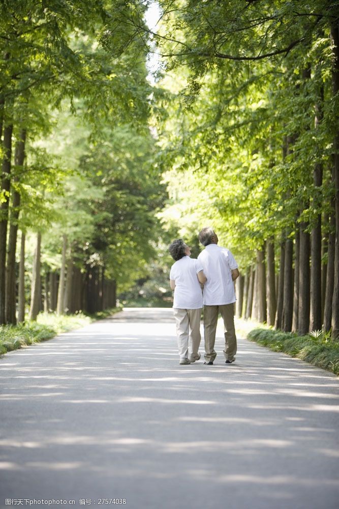 小夫妻老年人树林中散步图片