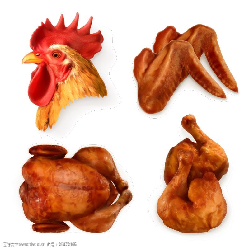 鸡翅膀4款精美公鸡鸡头和烤鸡矢量素材