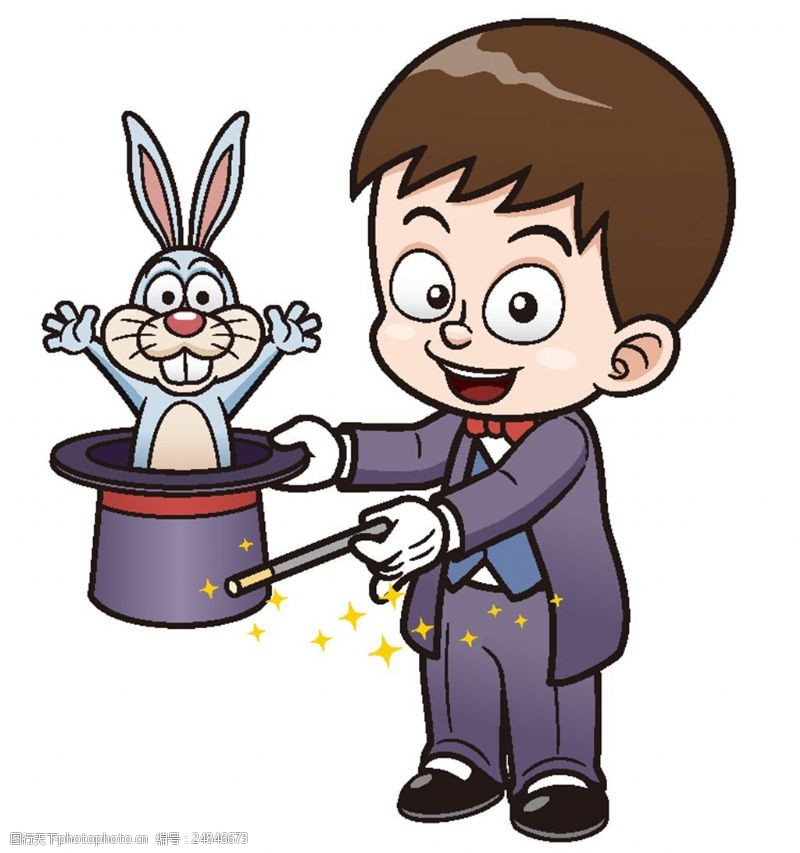 卡通兔子表演魔术的卡通男孩