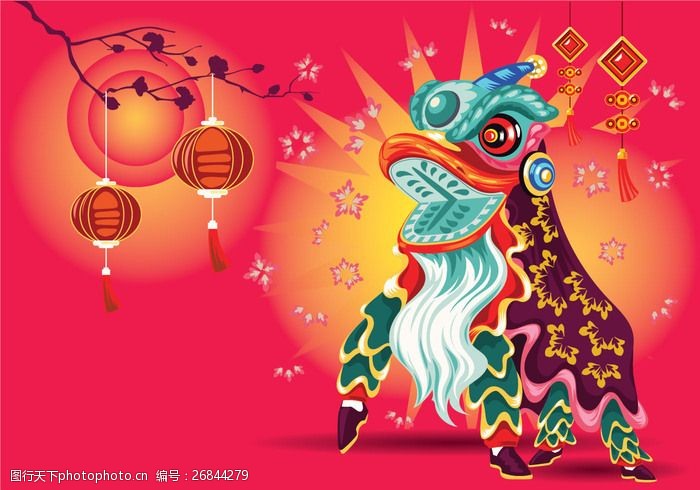 新年红包模板矢量插画中国传统舞狮节背景