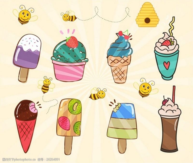 冰激凌插图各种冰淇淋收集与蜜蜂自由矢量插图