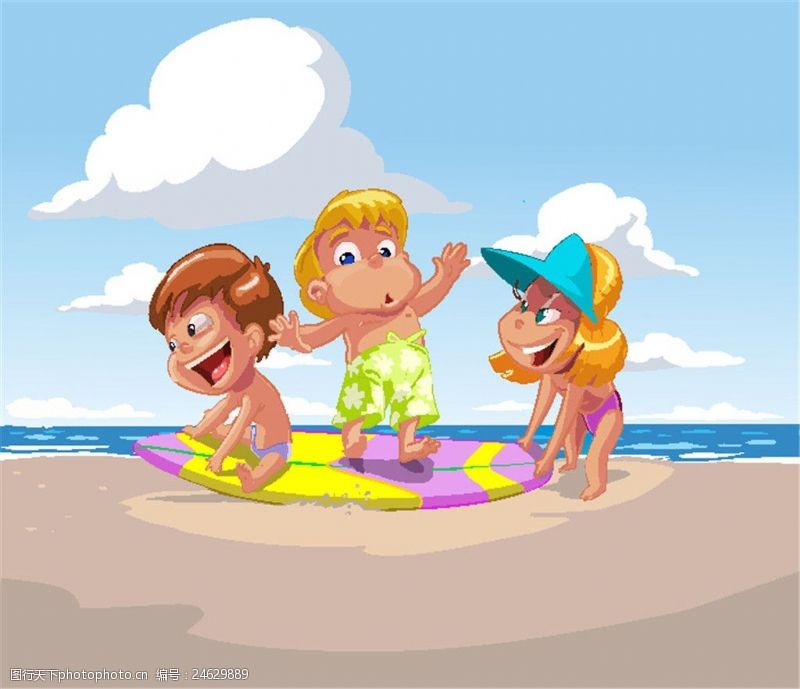 沙滩玩耍的卡通儿童