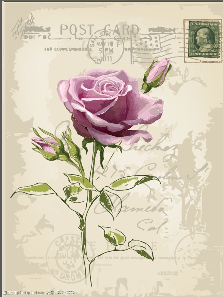 复古邮票手绘玫瑰花