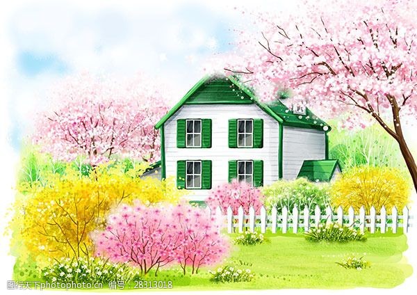 花园中花丛中小房子插画