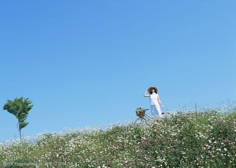 假日休闲女性站立在花丛中的女人图片