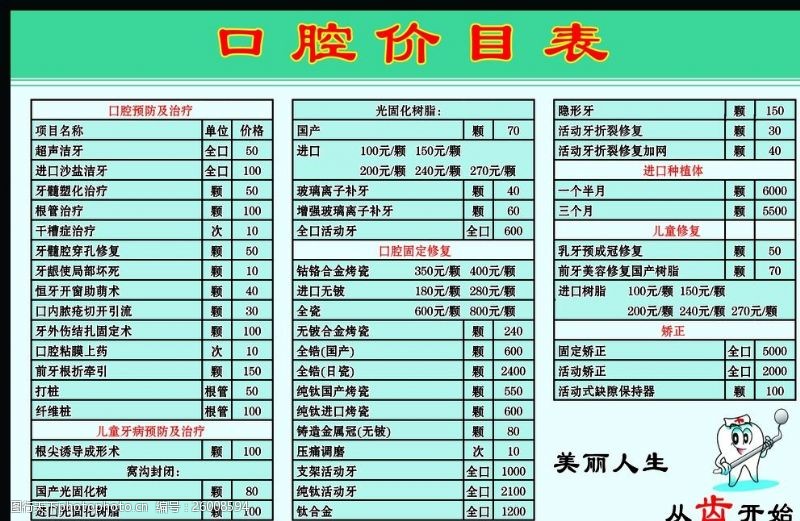 口腔医院价目表口腔价目表