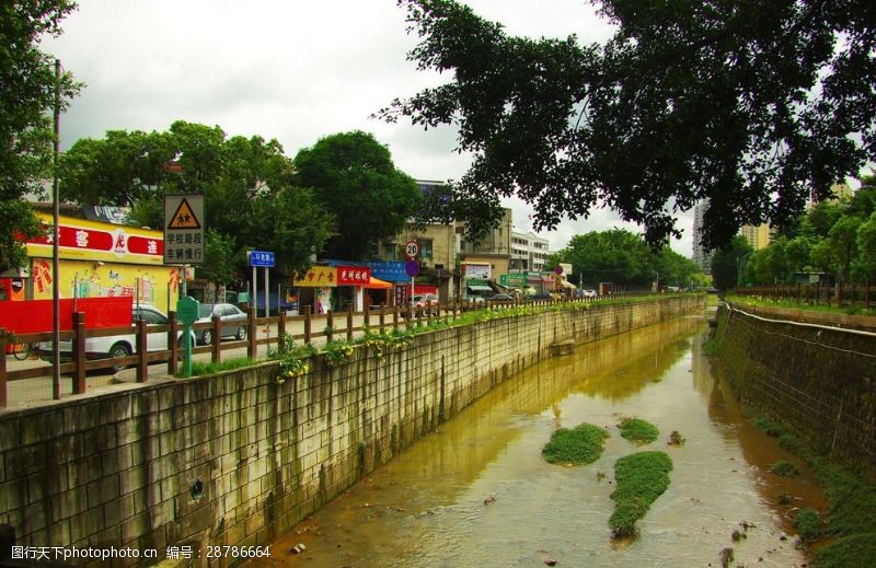 阴雨天城市河流园林绿化