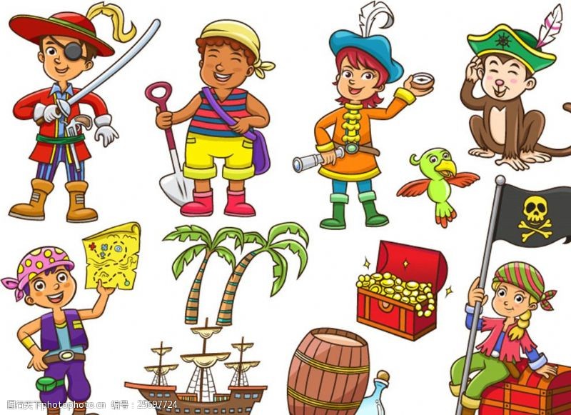 儿童海盗船海盗装扮儿童和装饰物矢量